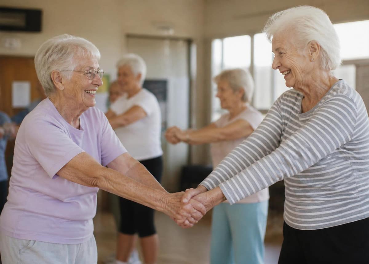 Two seniors holding hands during a movement class
