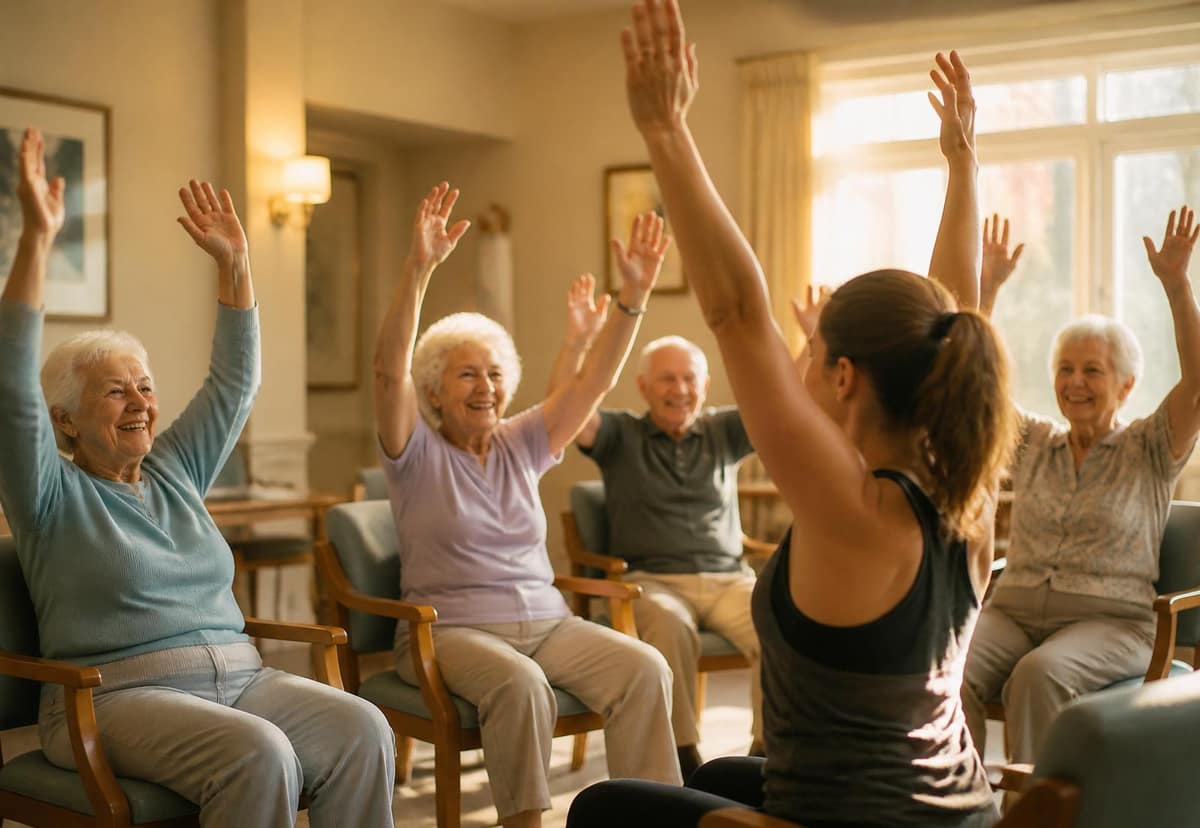 Fitness instructor leading seniors in chair yoga